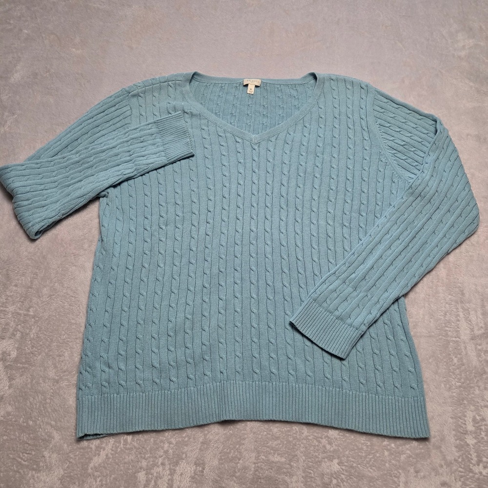 Talbots XL Light Dusty Blue Cotton Cable Knit V-Neck Sweater Preppy Coastal